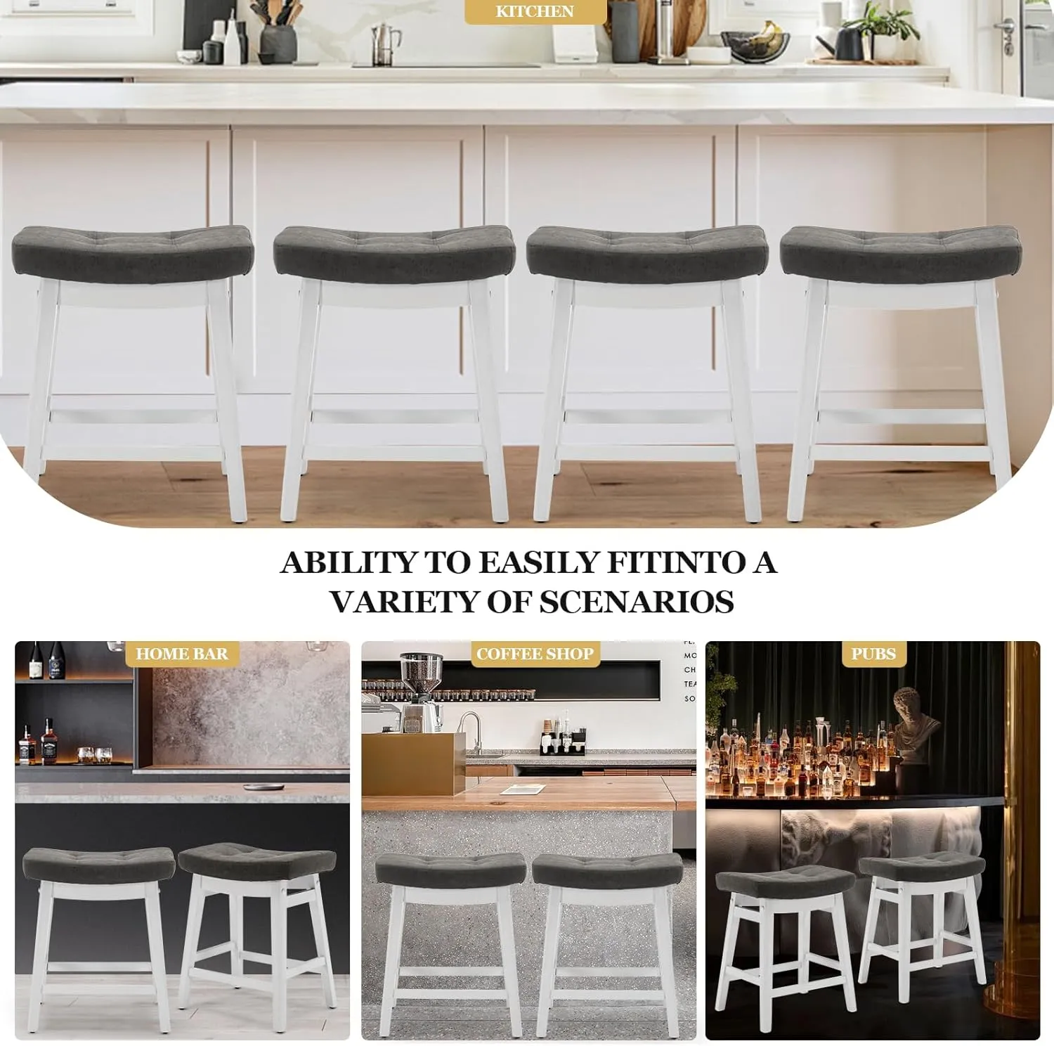 AQO Bar Stools Counter Height Set of 2 Solid Wood Legs PU Leather Saddle Soft Cushion Seat for 34"-40" Counter Island Upholstered Stools for Kitchen Counter Farmhouse
