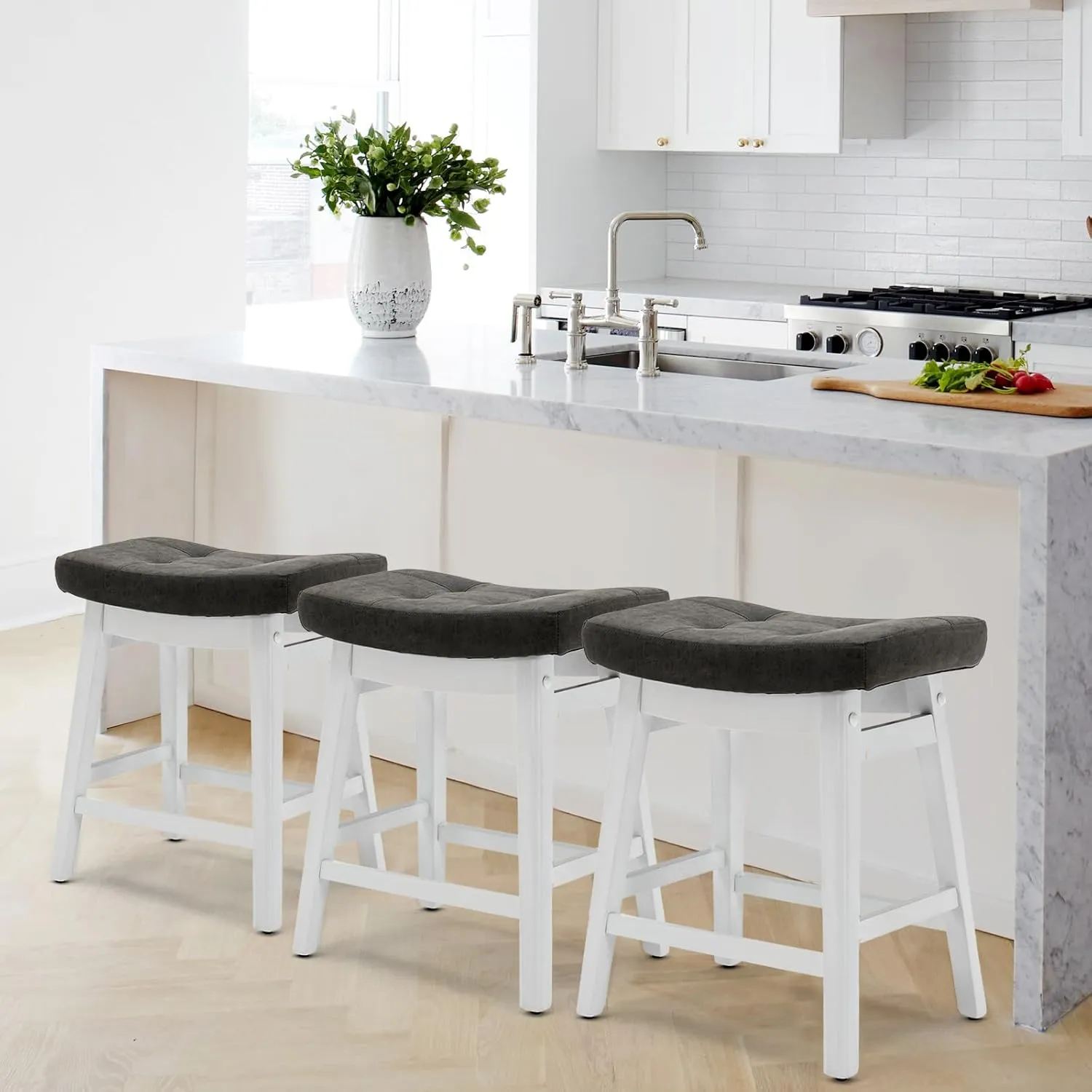 AQO Bar Stools Counter Height Set of 2 Solid Wood Legs PU Leather Saddle Soft Cushion Seat for 34"-40" Counter Island Upholstered Stools for Kitchen Counter Farmhouse