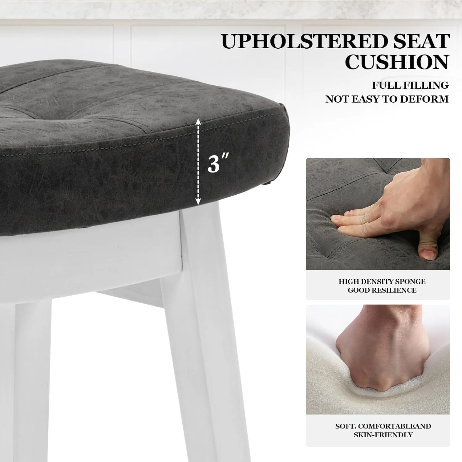 AQO Bar Stools Counter Height Set of 2 Solid Wood Legs PU Leather Saddle Soft Cushion Seat for 34"-40" Counter Island Upholstered Stools for Kitchen Counter Farmhouse