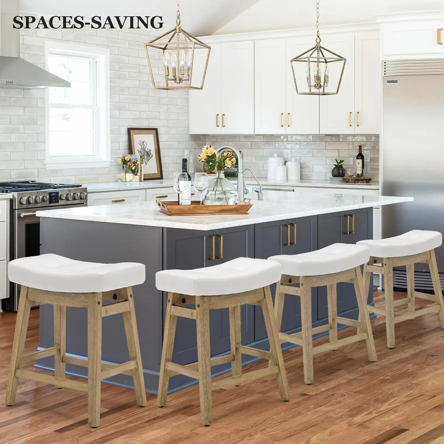 AQO Counter Height Bar Stools Set of 2, Barstools with Upholstered Leather Saddle Seat and Solid Wood Legs 24 Inch Kitchen Counter Stools for Bar, Dining, Farmhouse, White