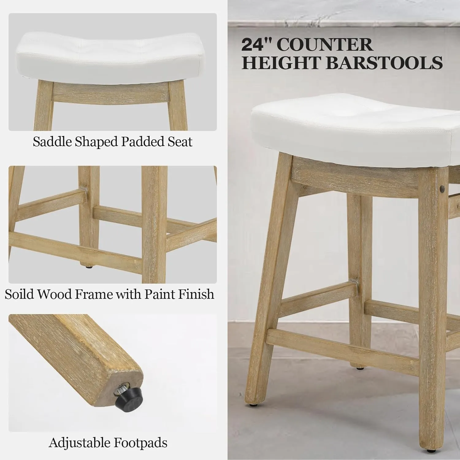 AQO Counter Height Bar Stools Set of 2, Barstools with Upholstered Leather Saddle Seat and Solid Wood Legs 24 Inch Kitchen Counter Stools for Bar, Dining, Farmhouse, White