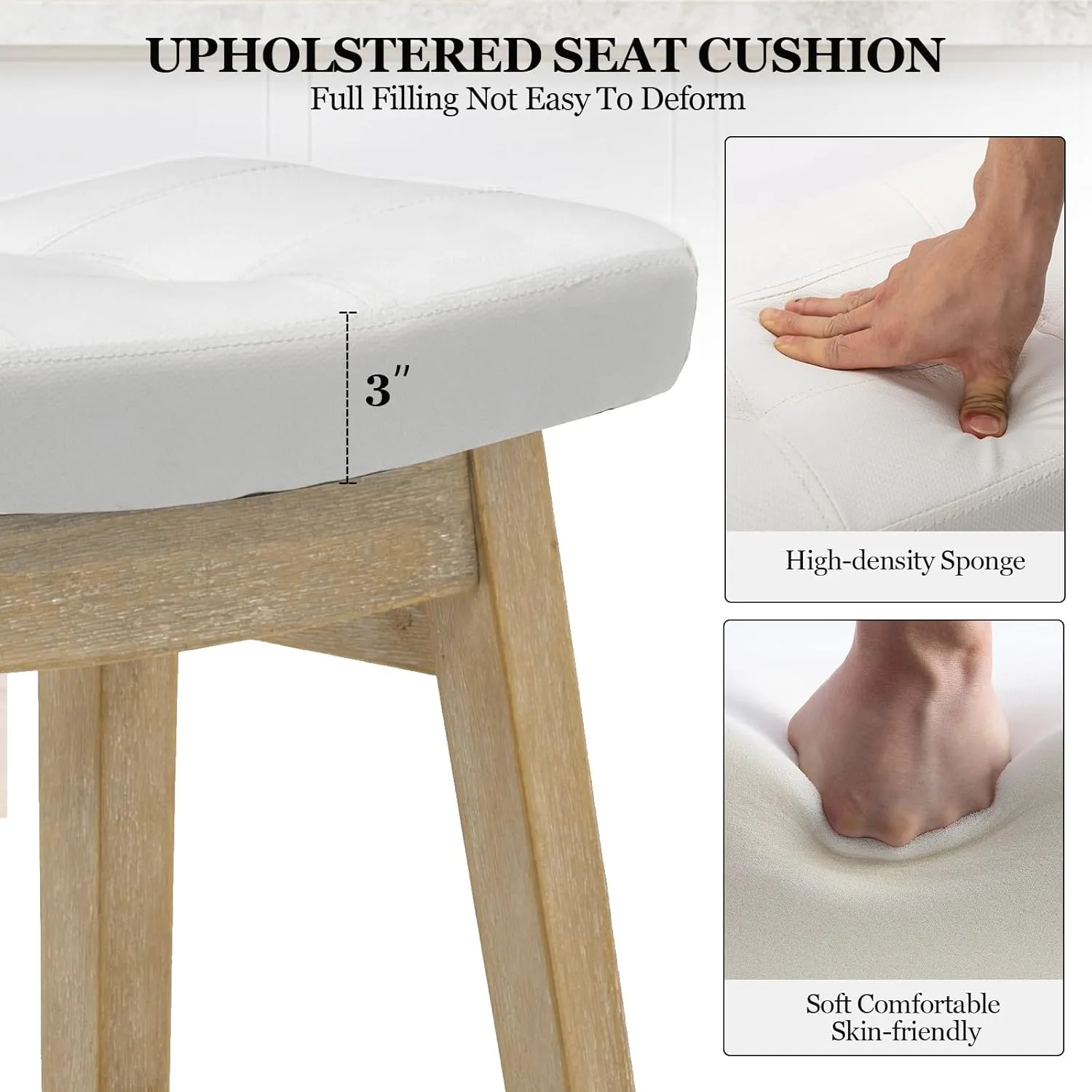AQO Counter Height Bar Stools Set of 2, Barstools with Upholstered Leather Saddle Seat and Solid Wood Legs 24 Inch Kitchen Counter Stools for Bar, Dining, Farmhouse, White