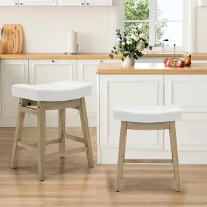 AQO Counter Height Bar Stools Set of 2, Barstools with Upholstered Leather Saddle Seat and Solid Wood Legs 24 Inch Kitchen Counter Stools for Bar, Dining, Farmhouse, White