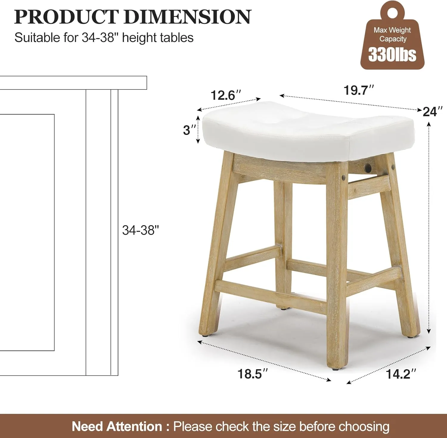 AQO Counter Height Bar Stools Set of 2, Barstools with Upholstered Leather Saddle Seat and Solid Wood Legs 24 Inch Kitchen Counter Stools for Bar, Dining, Farmhouse, White