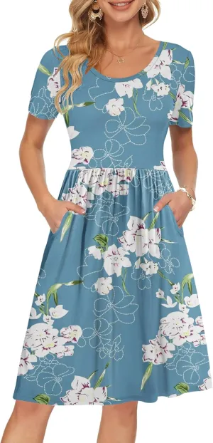 AUSELILY Women's Short Sleeve Empire Waist Dress Pleated Loose Swing Knee Length Dresses with Pockets 2025 New