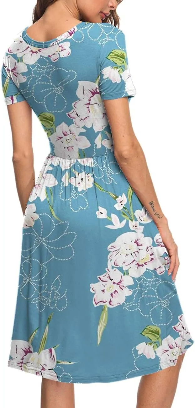 AUSELILY Women's Short Sleeve Empire Waist Dress Pleated Loose Swing Knee Length Dresses with Pockets 2025 New