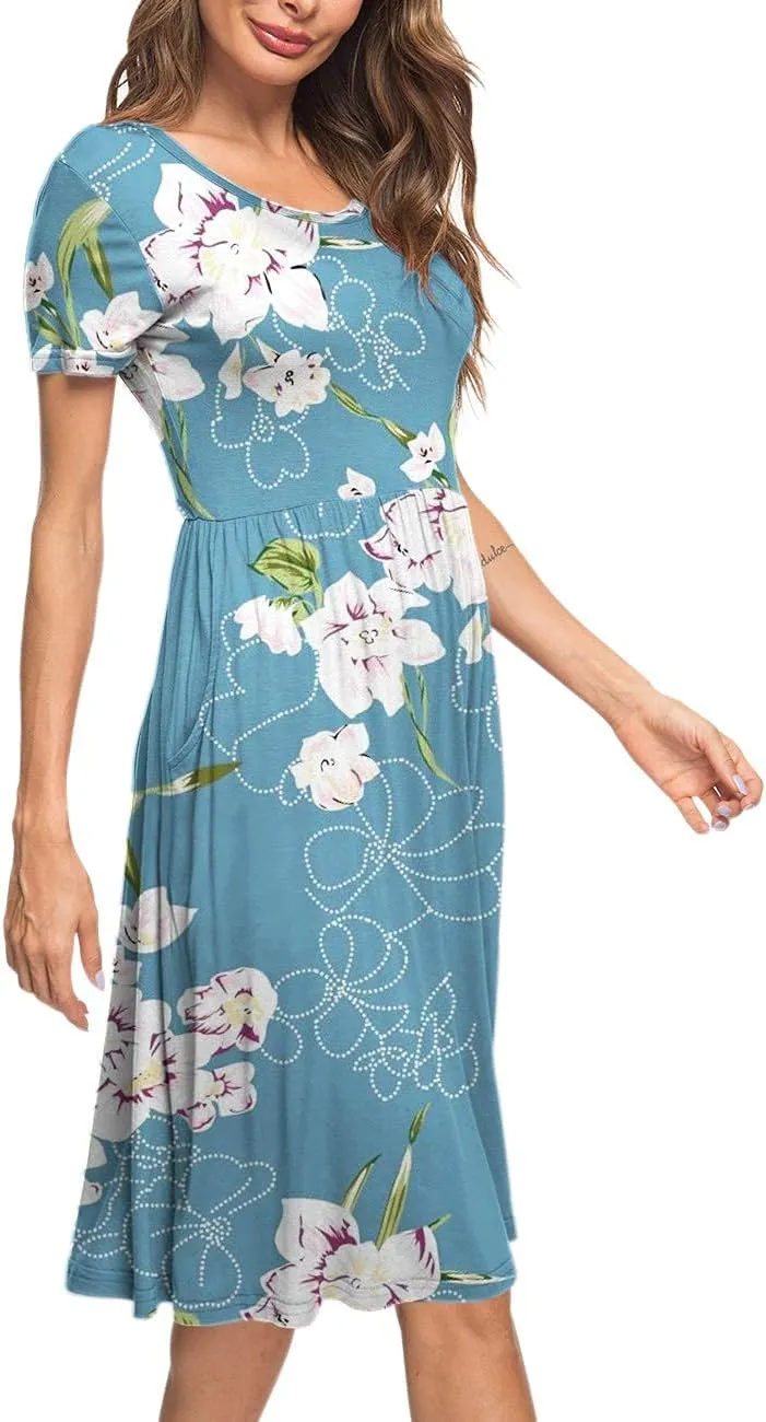 AUSELILY Women's Short Sleeve Empire Waist Dress Pleated Loose Swing Knee Length Dresses with Pockets 2025 New