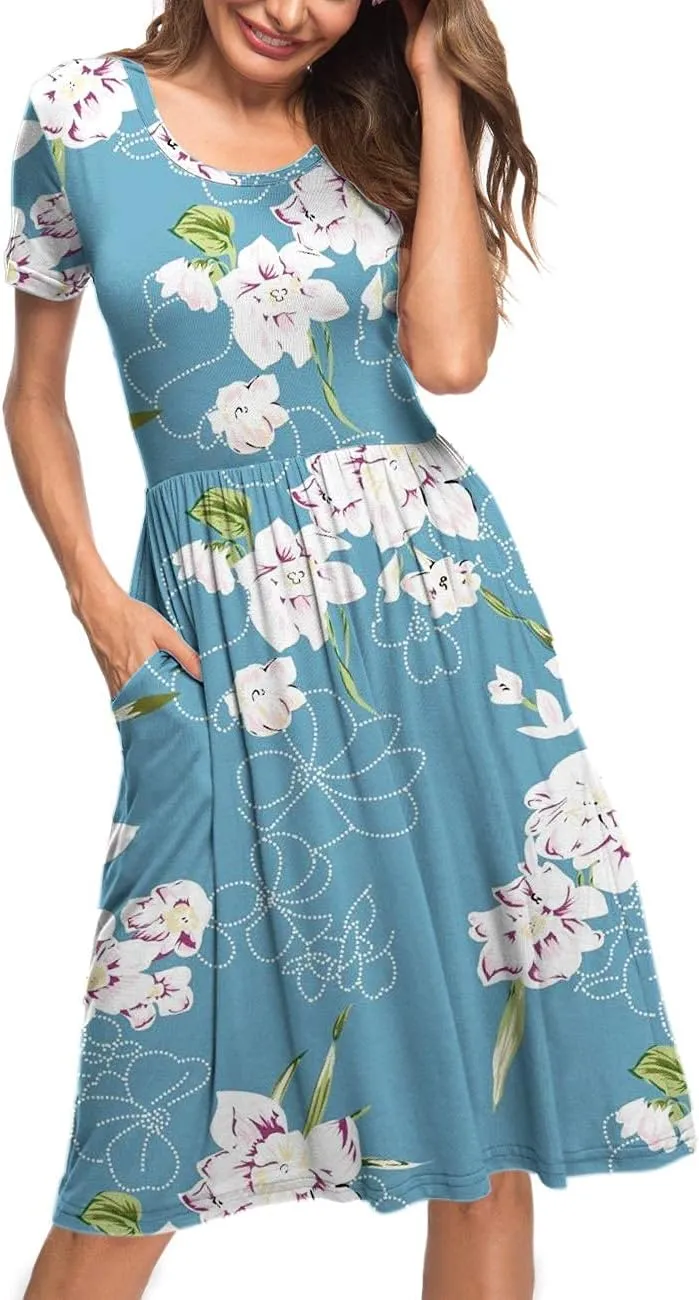 AUSELILY Women's Short Sleeve Empire Waist Dress Pleated Loose Swing Knee Length Dresses with Pockets 2025 New