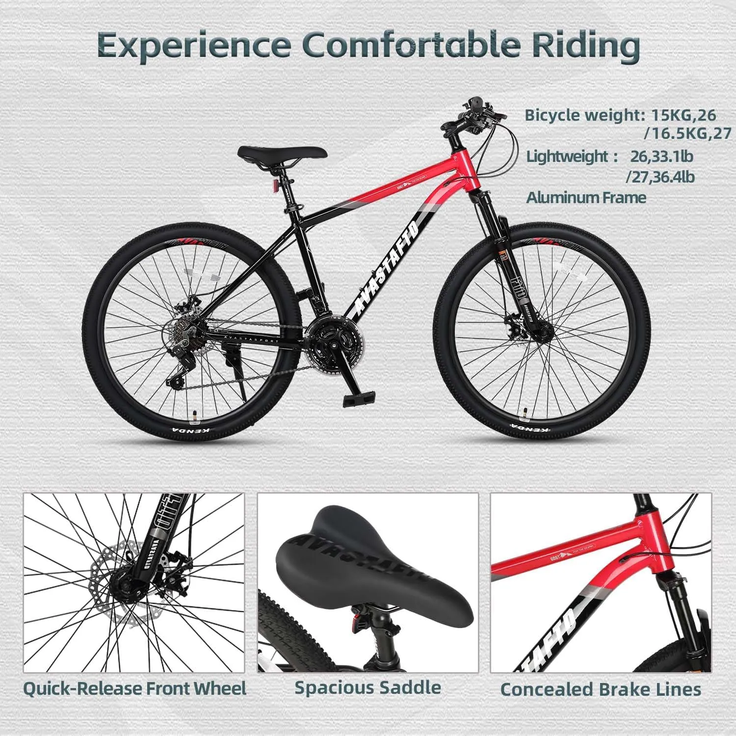 AVASTA Earth 26 27.5 inch Mountain Bike with 21-Speed，Aluminum Frame, Dual Disc Brake, Comfortable Saddle,Multiple Colors