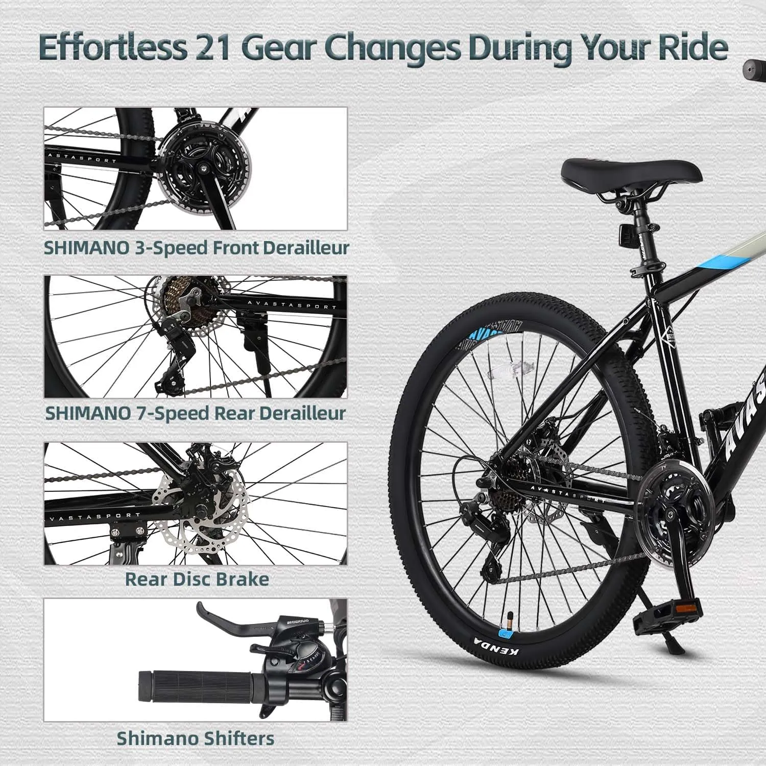 AVASTA Earth 26 27.5 inch Mountain Bike with 21-Speed，Aluminum Frame, Dual Disc Brake, Comfortable Saddle,Multiple Colors