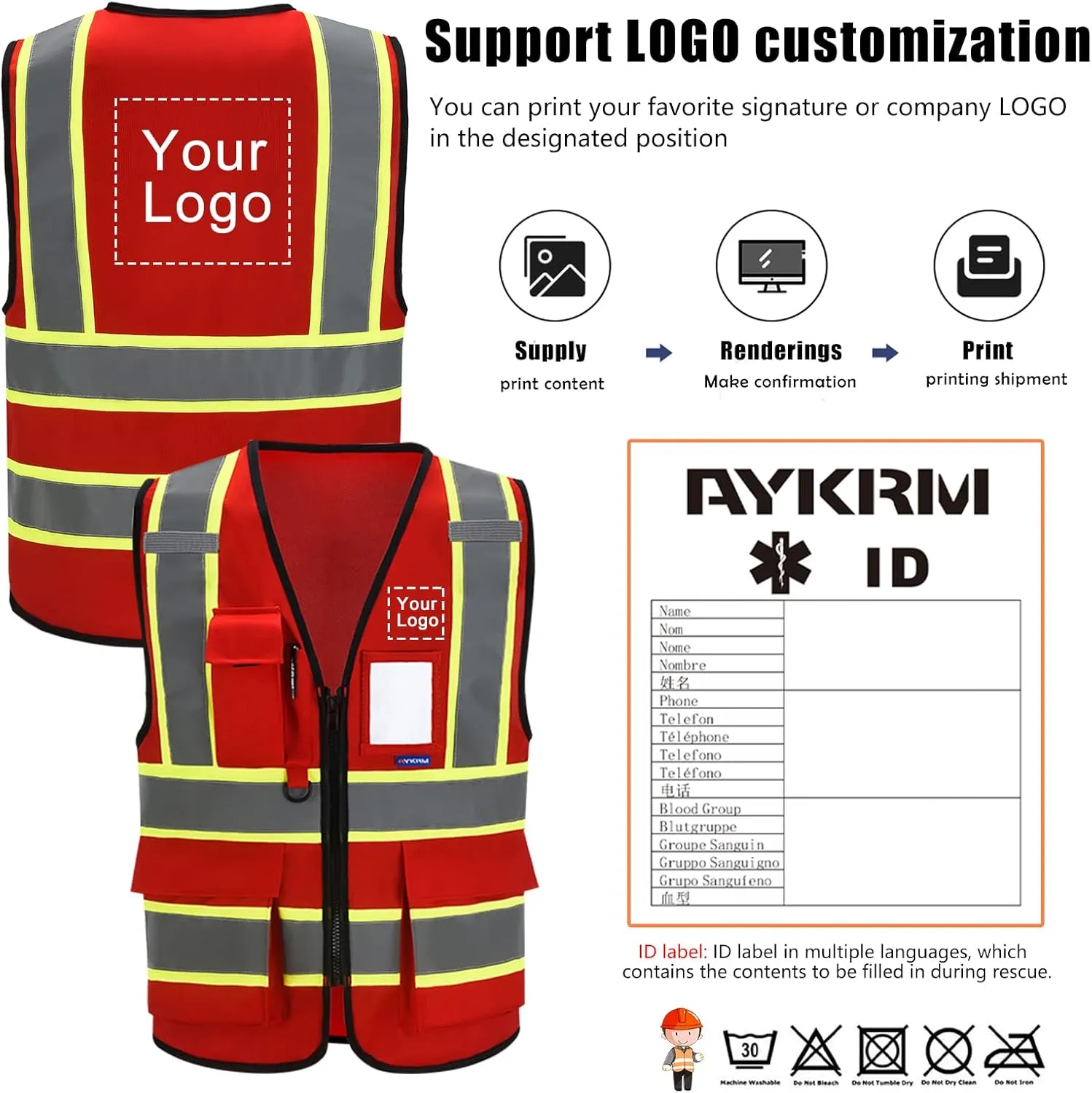 AYKRM 11 color High Vis Reflective Safety Vest for Women Men Security Pocket Zipper