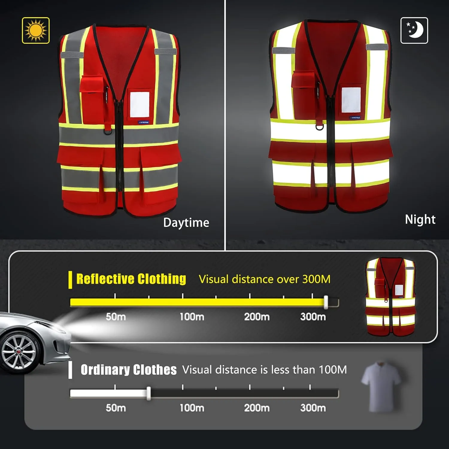 AYKRM 11 color High Vis Reflective Safety Vest for Women Men Security Pocket Zipper