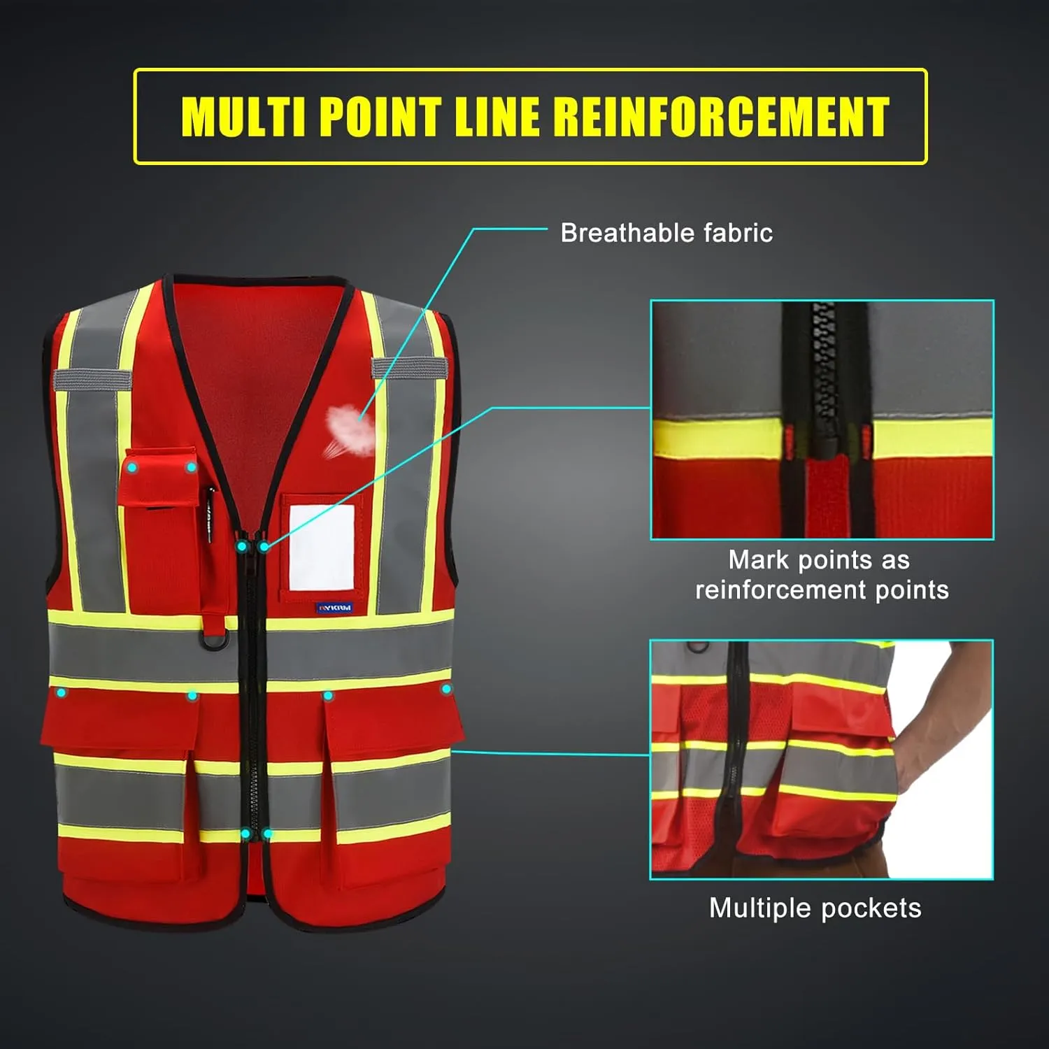 AYKRM 11 color High Vis Reflective Safety Vest for Women Men Security Pocket Zipper