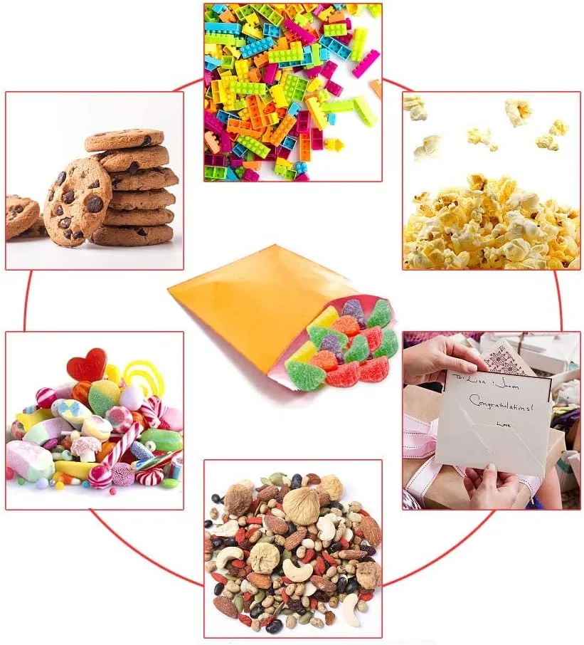 AZOWA Orange Paper Treat Bags 200CT - Flat Candy Buffet Cookies Snack Bags 5X7 inch Small Party Favor Bags for Holidays