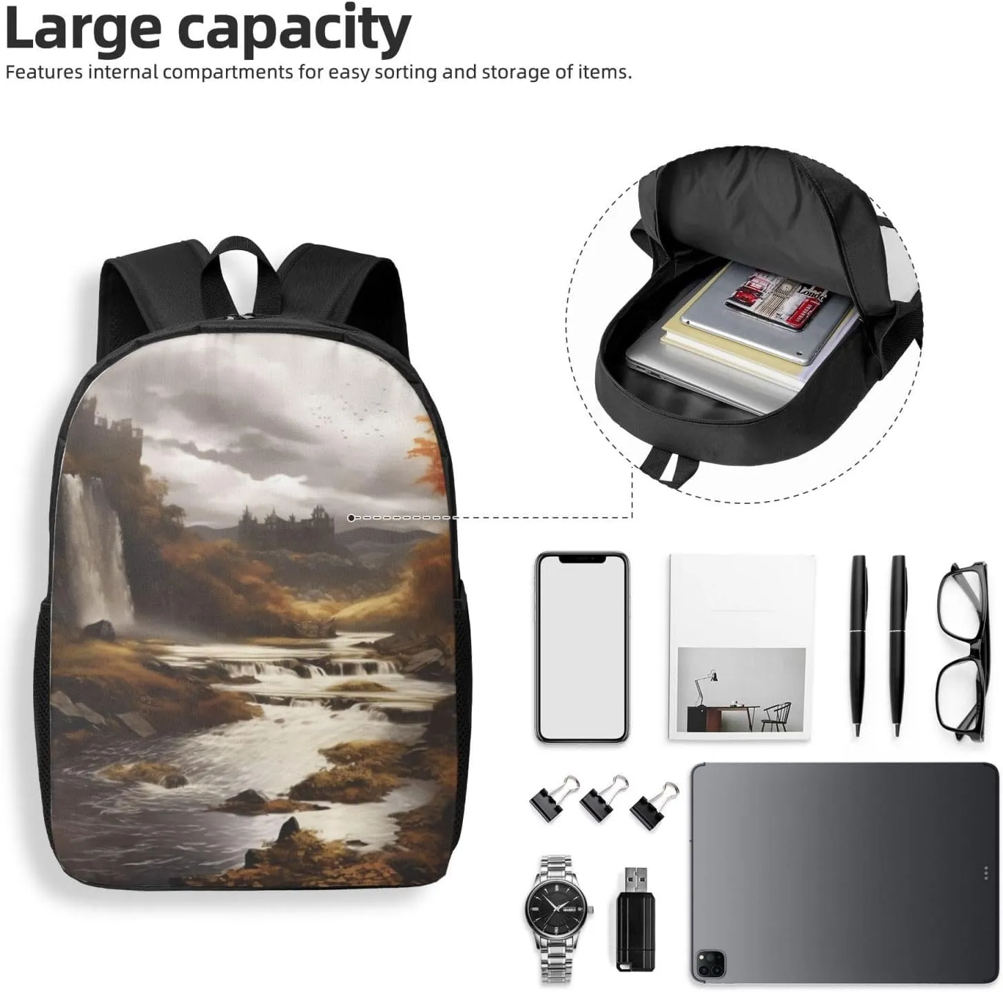 Backpack for Women Men's Casual Daypack Ferris wheel Hiking Rucksack Outdoor Travel Bag, Fall, One Size