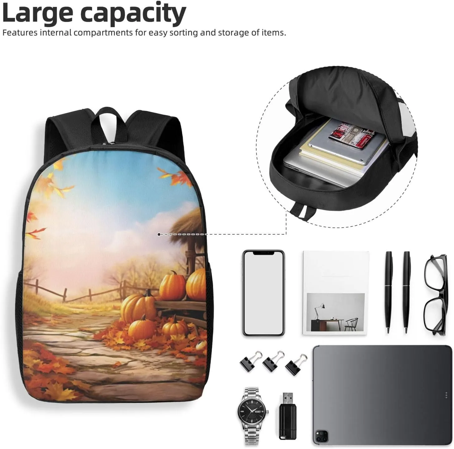 Backpack for Women Men's Casual Daypack Ferris wheel Hiking Rucksack Outdoor Travel Bag, Fall Thanksgiving, One Size
