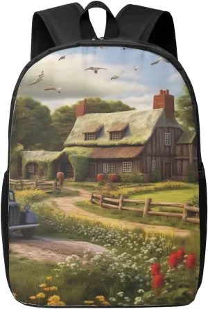 Backpack for Women Men's Casual Daypack Ferris wheel Hiking Rucksack Outdoor Travel Bag, Farm Thatched Cottage, One Size