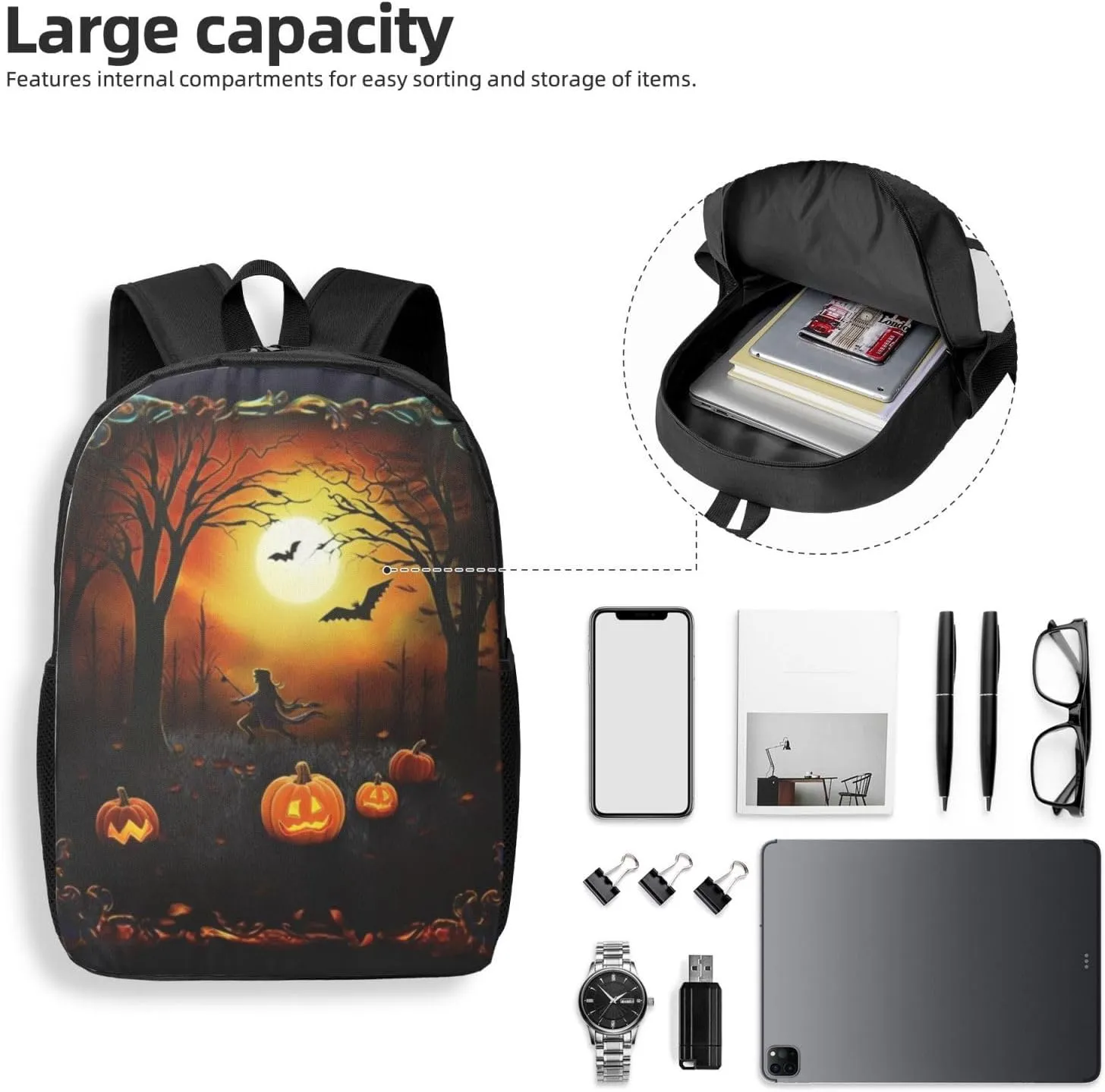 Backpack for Women Men's Casual Daypack Mandala Hiking Rucksack Outdoor Travel Bag, Halloween Party, One Size