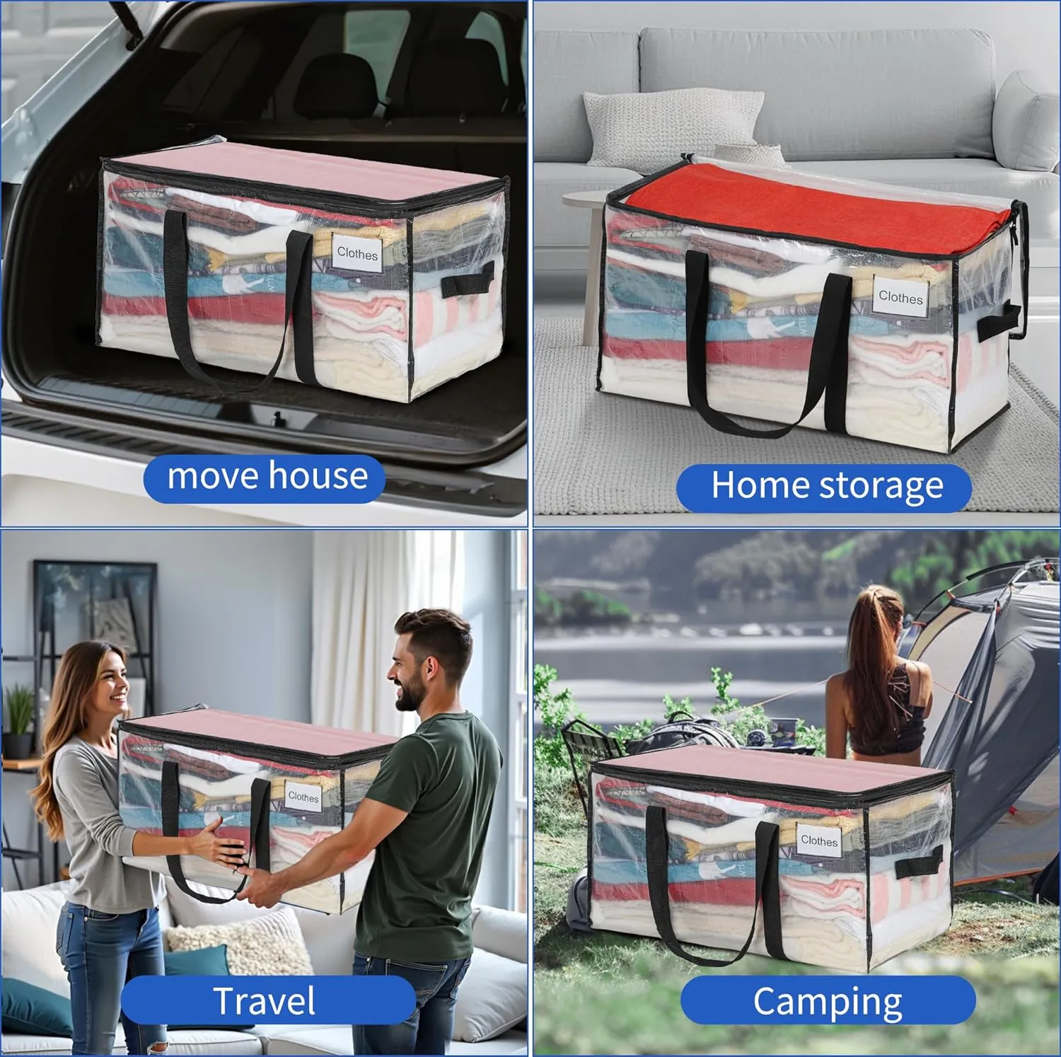 BAGAIL Heavy Duty Moving Bags with Strong Handle, Extra Large Moving Boxes, Storage Tote for Clothes, College Moving Supplies(Clear, 4 Pack)