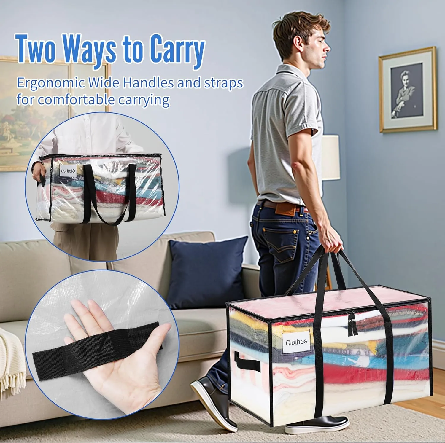 BAGAIL Heavy Duty Moving Bags with Strong Handle, Extra Large Moving Boxes, Storage Tote for Clothes, College Moving Supplies(Clear, 4 Pack)