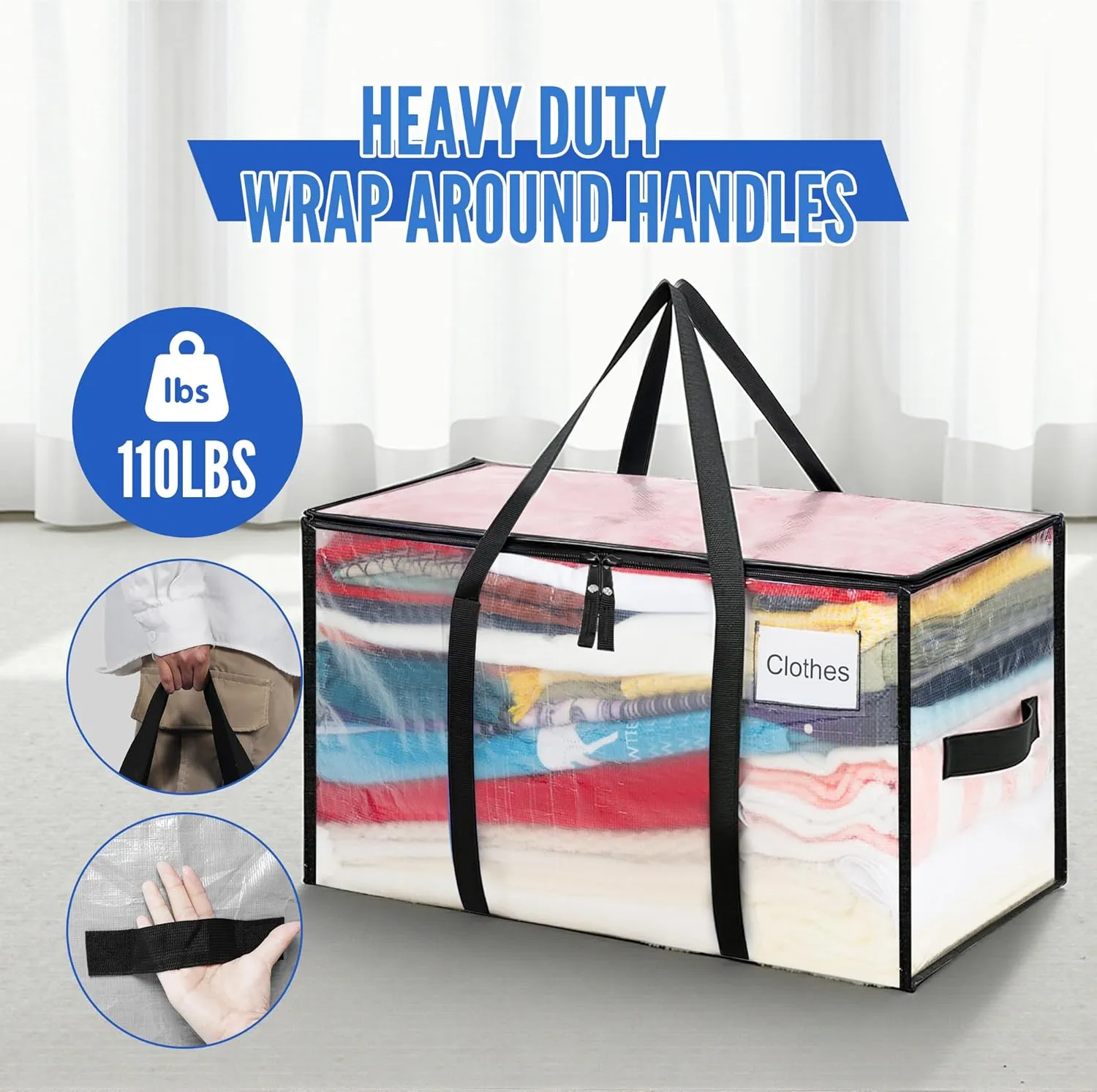 BAGAIL Heavy Duty Moving Bags with Strong Handle, Extra Large Moving Boxes, Storage Tote for Clothes, College Moving Supplies(Clear, 4 Pack)