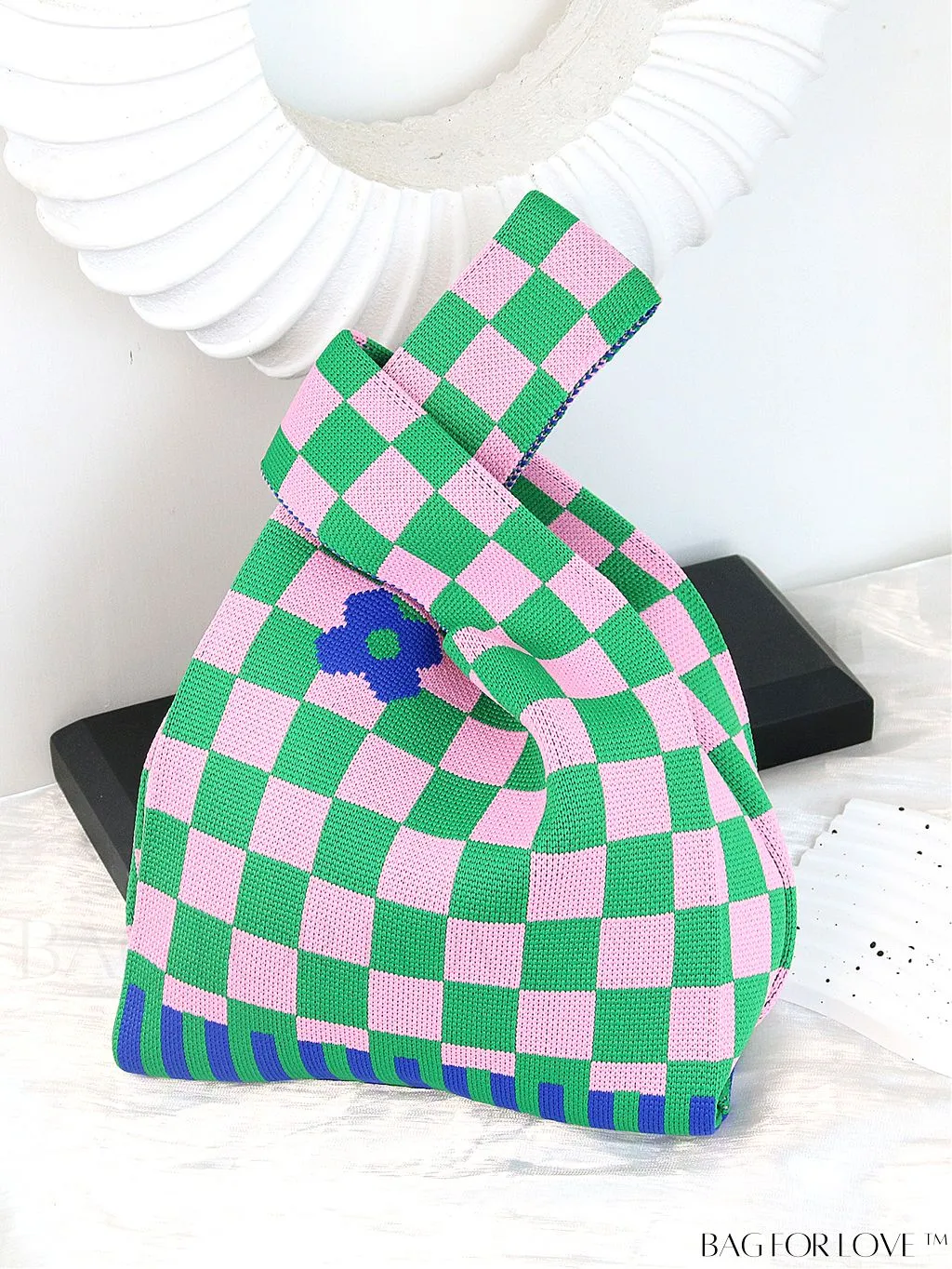 BagForLove - Chic Checkered & Floral Knit Womens Handbag - Spacious Shopping & Casual Tote