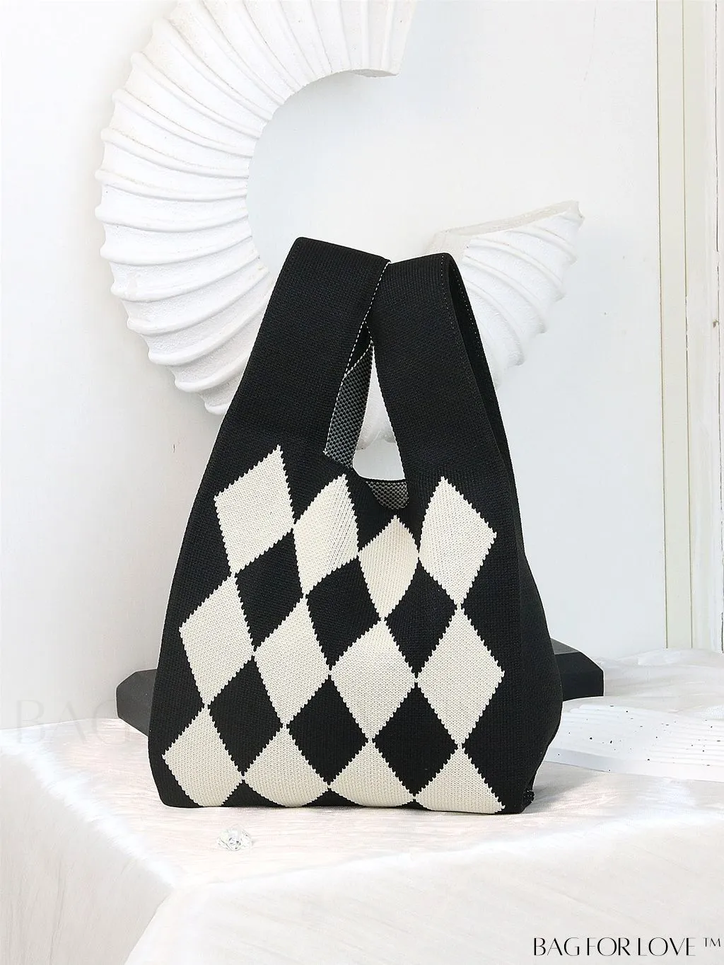 BagForLove - Chic Checkered & Floral Knit Womens Handbag - Spacious Shopping & Casual Tote