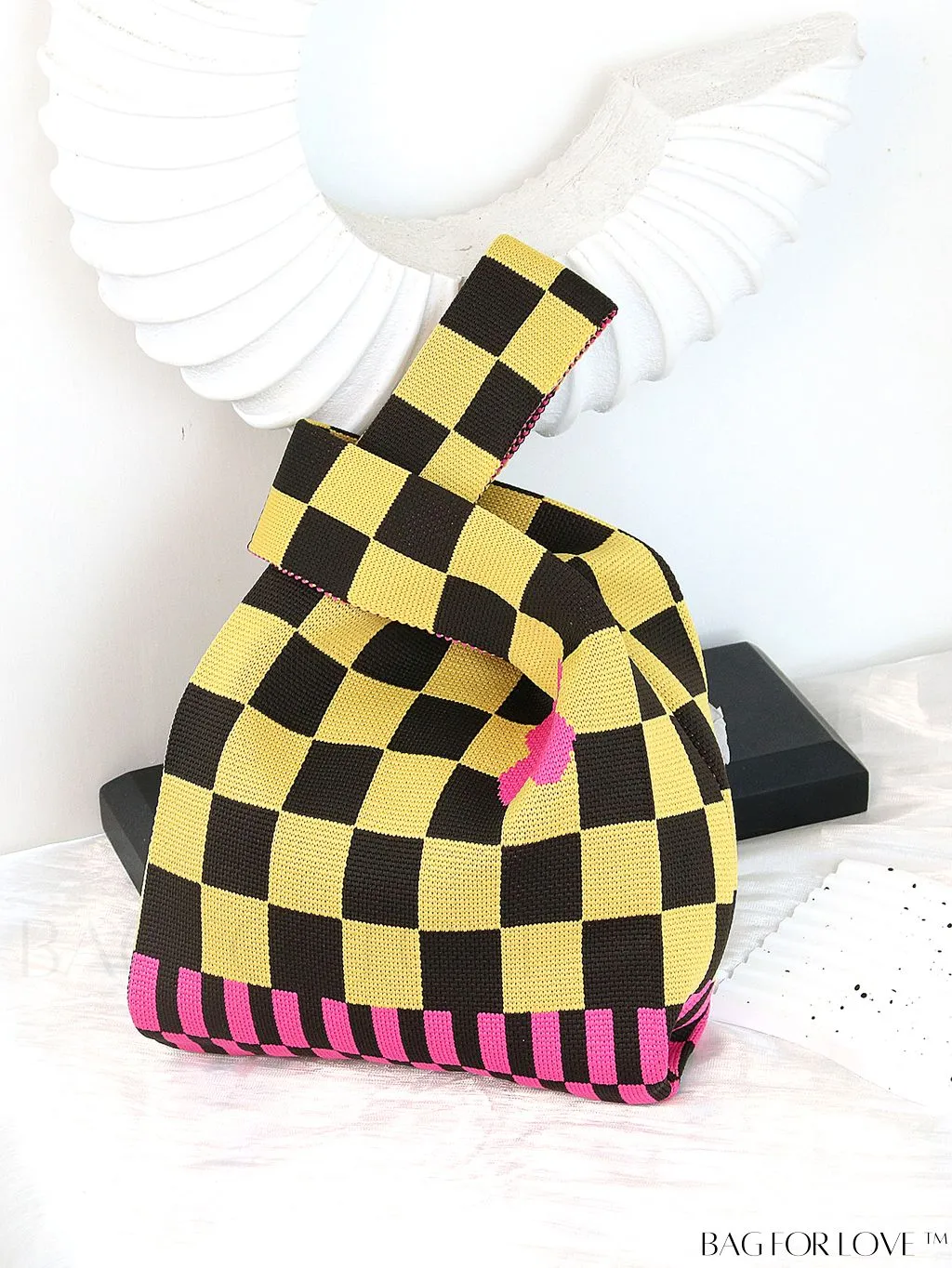 BagForLove - Chic Checkered & Floral Knit Womens Handbag - Spacious Shopping & Casual Tote