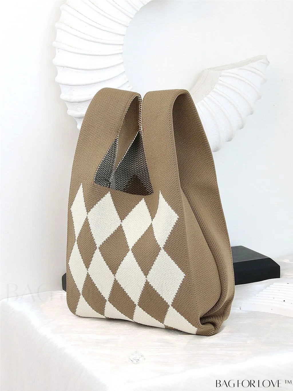 BagForLove - Chic Checkered & Floral Knit Womens Handbag - Spacious Shopping & Casual Tote