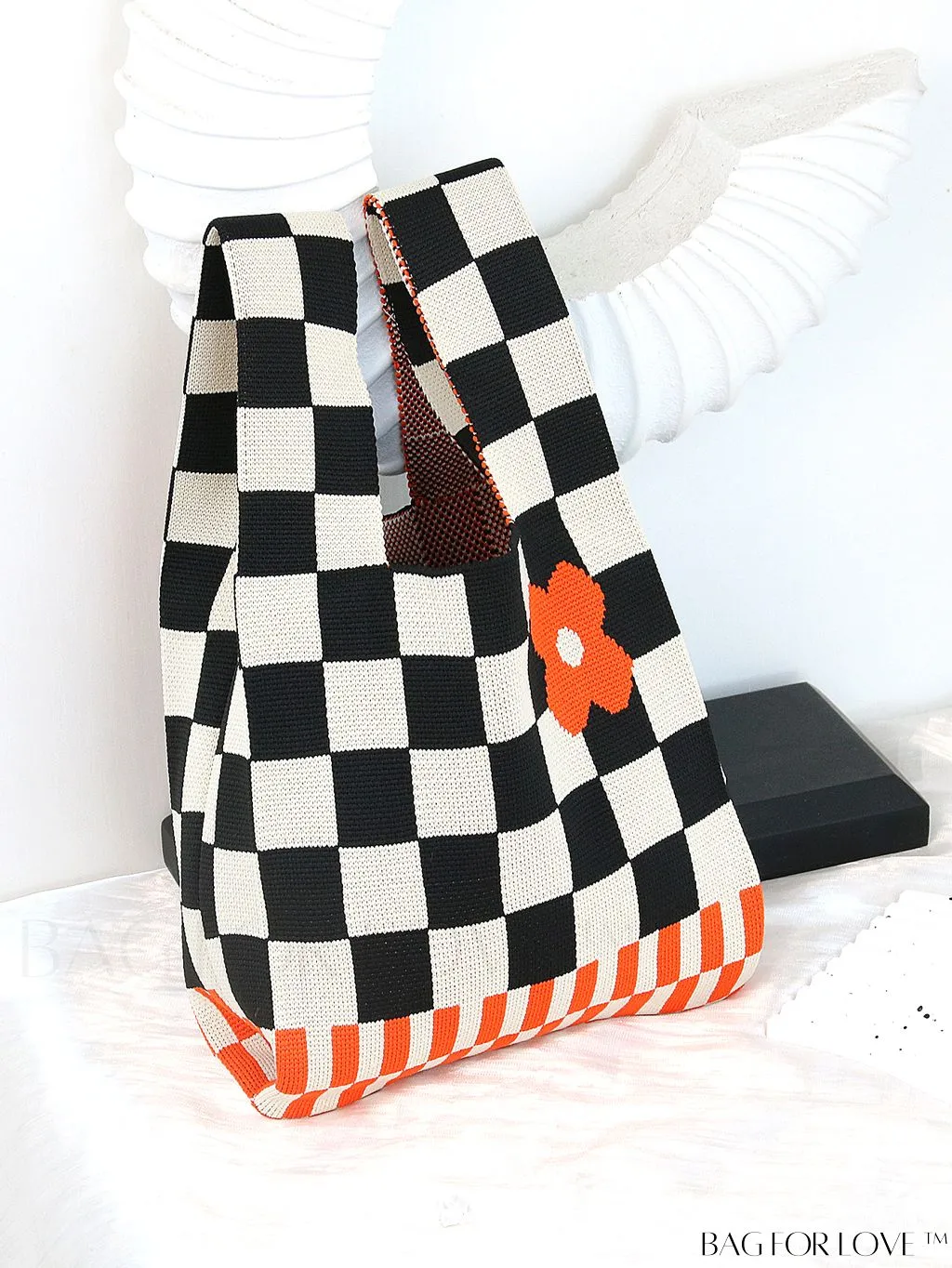 BagForLove - Chic Checkered & Floral Knit Womens Handbag - Spacious Shopping & Casual Tote