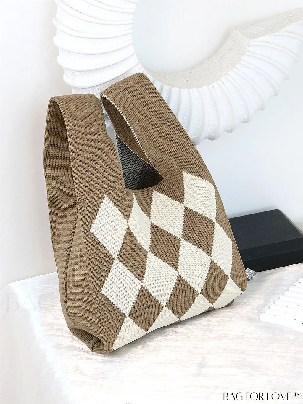 BagForLove - Chic Checkered & Floral Knit Womens Handbag - Spacious Shopping & Casual Tote