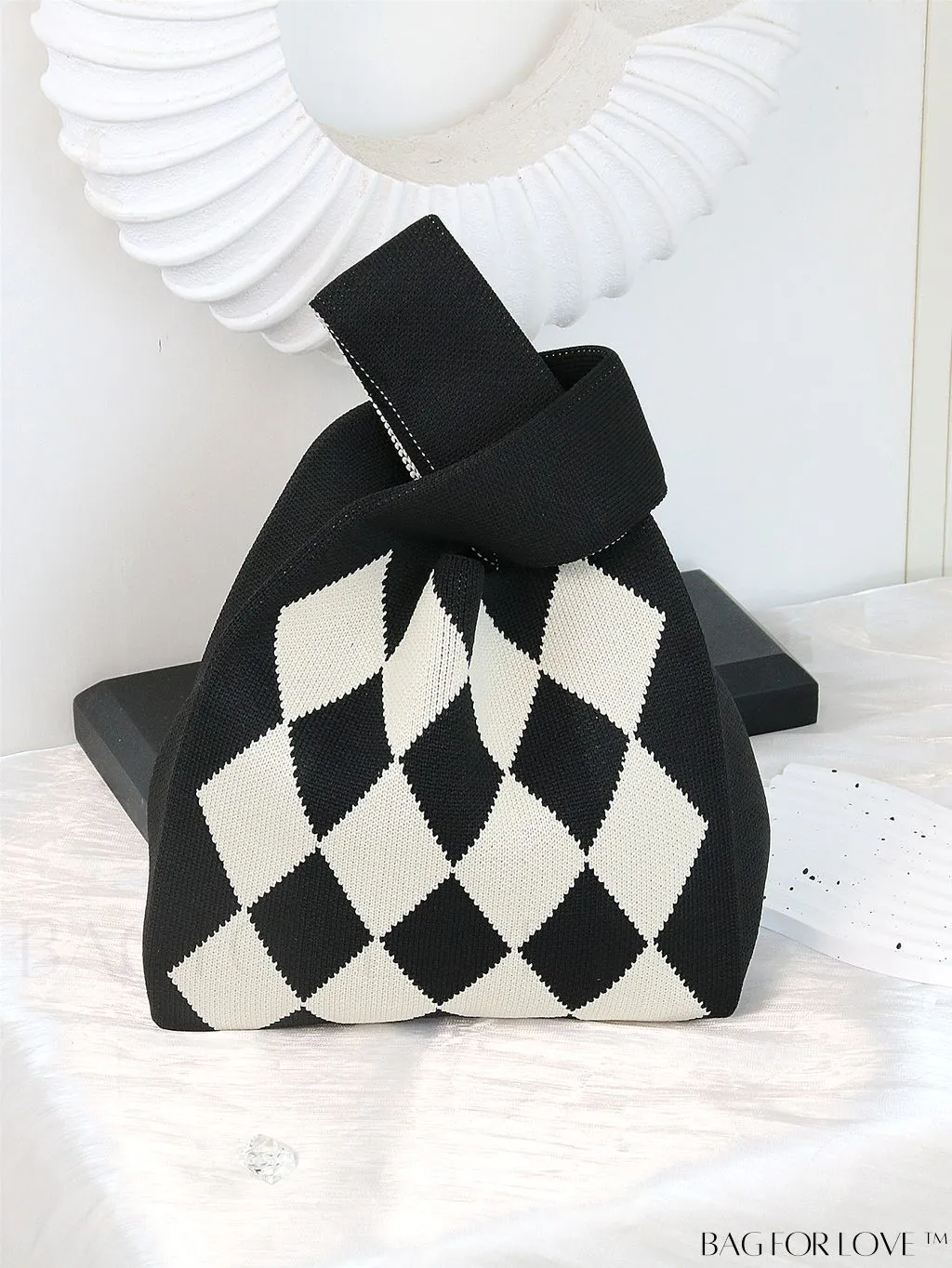 BagForLove - Chic Checkered & Floral Knit Womens Handbag - Spacious Shopping & Casual Tote
