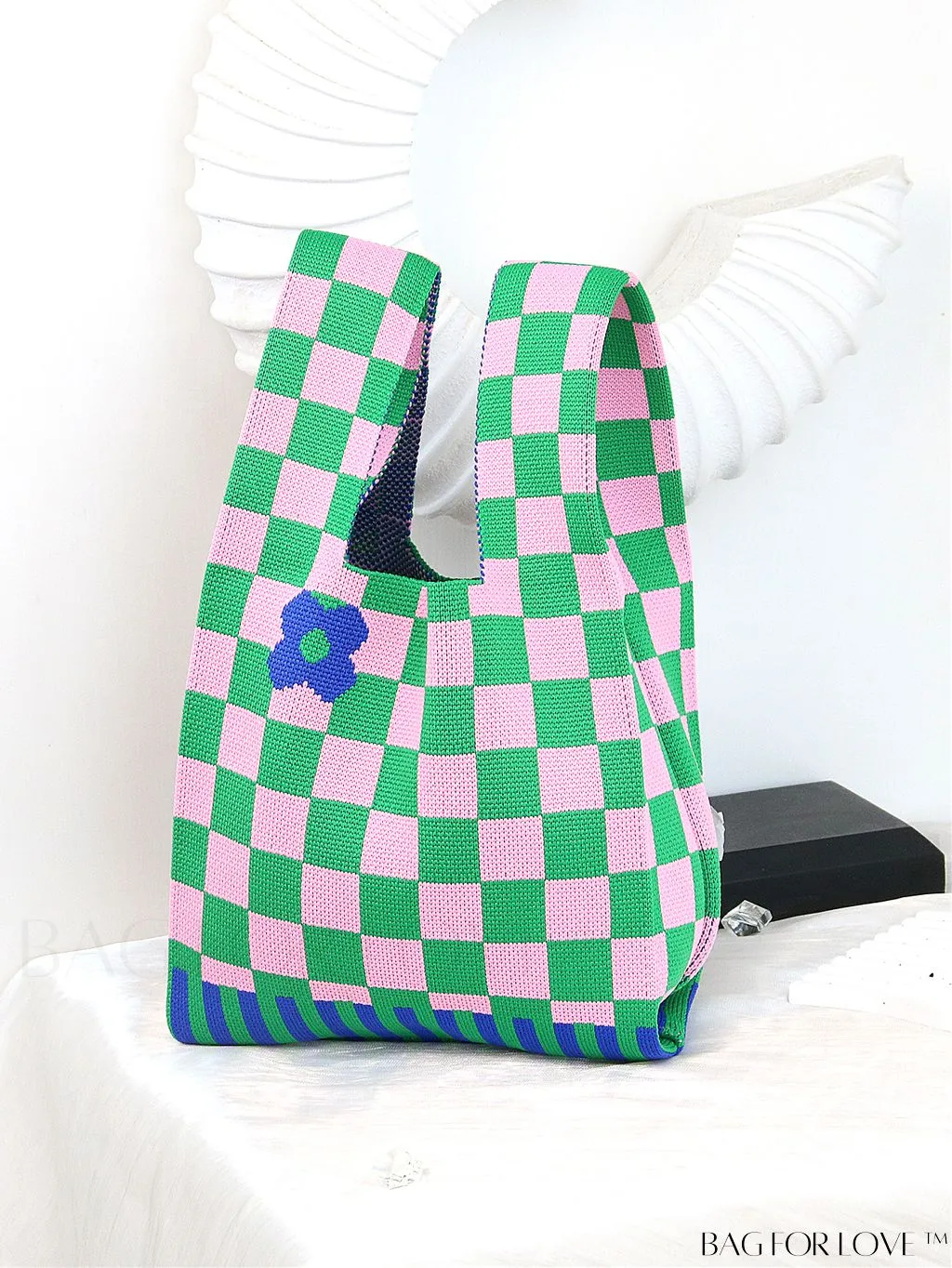 BagForLove - Chic Checkered & Floral Knit Womens Handbag - Spacious Shopping & Casual Tote