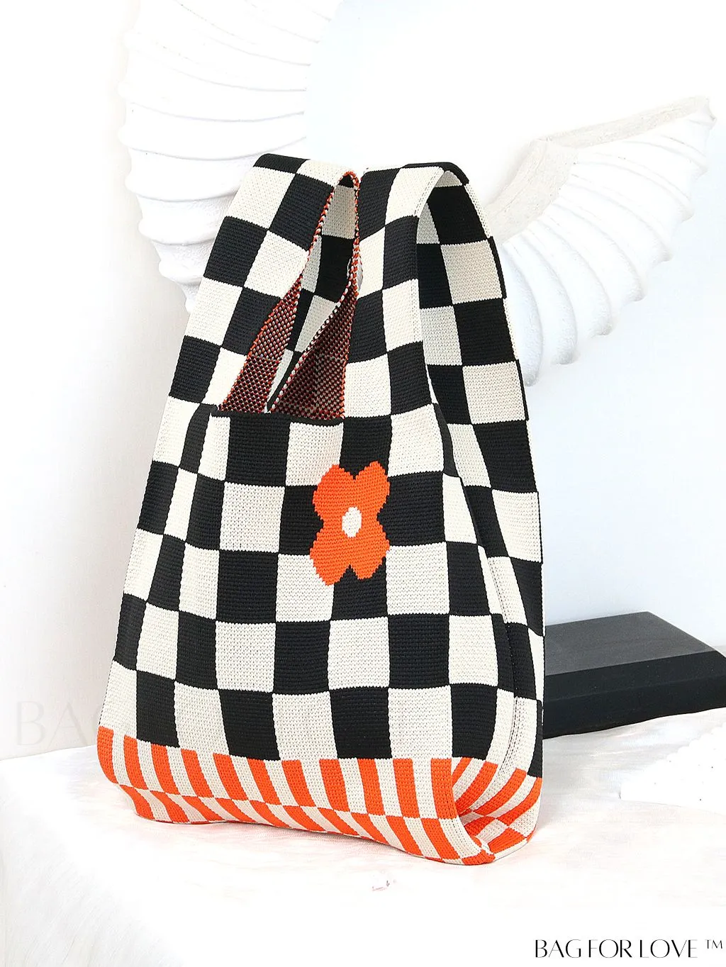 BagForLove - Chic Checkered & Floral Knit Womens Handbag - Spacious Shopping & Casual Tote