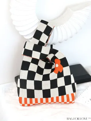 BagForLove - Chic Checkered & Floral Knit Womens Handbag - Spacious Shopping & Casual Tote