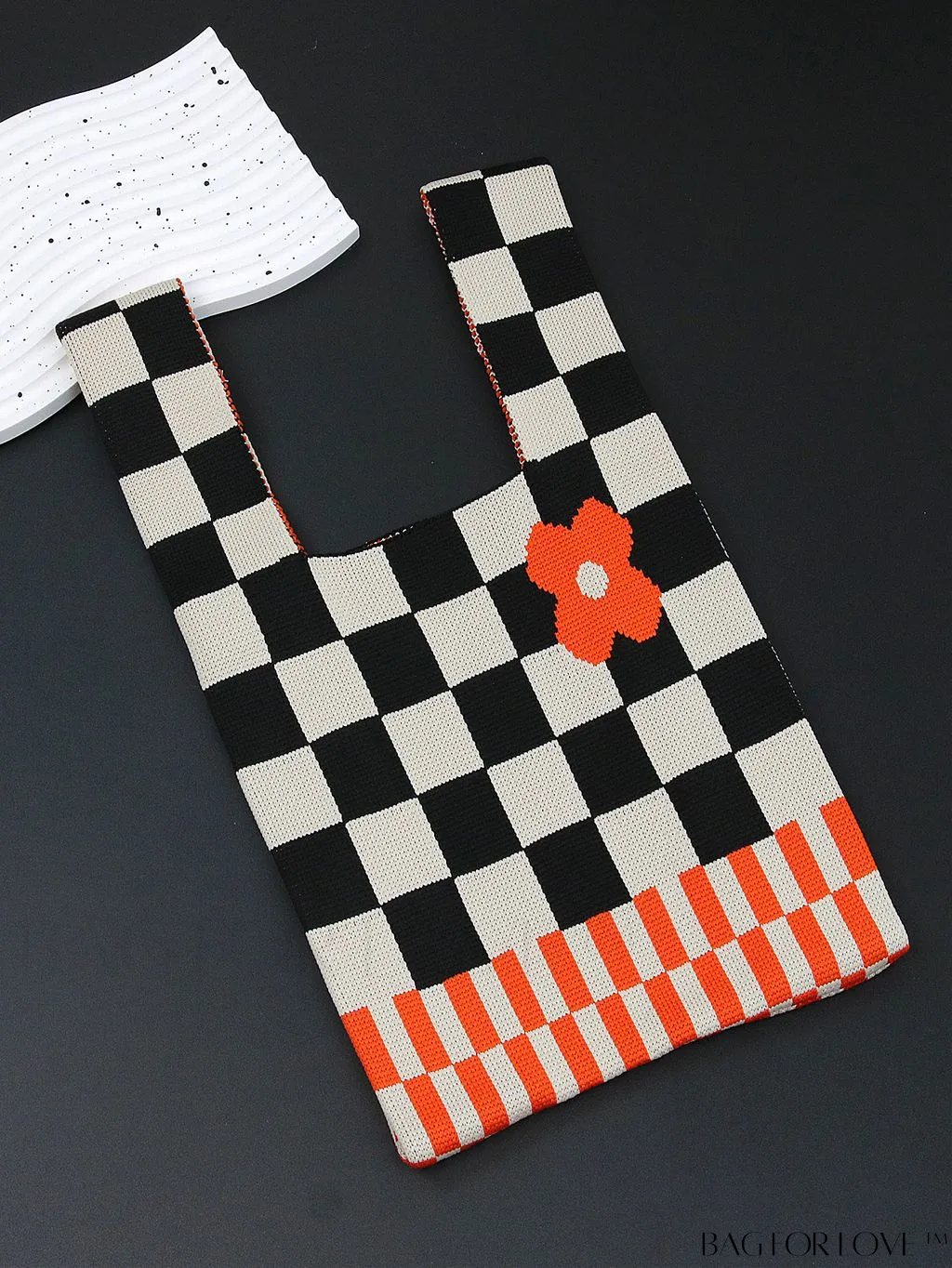 BagForLove - Chic Checkered & Floral Knit Womens Handbag - Spacious Shopping & Casual Tote