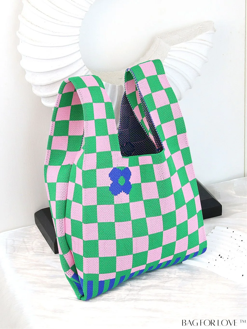 BagForLove - Chic Checkered & Floral Knit Womens Handbag - Spacious Shopping & Casual Tote