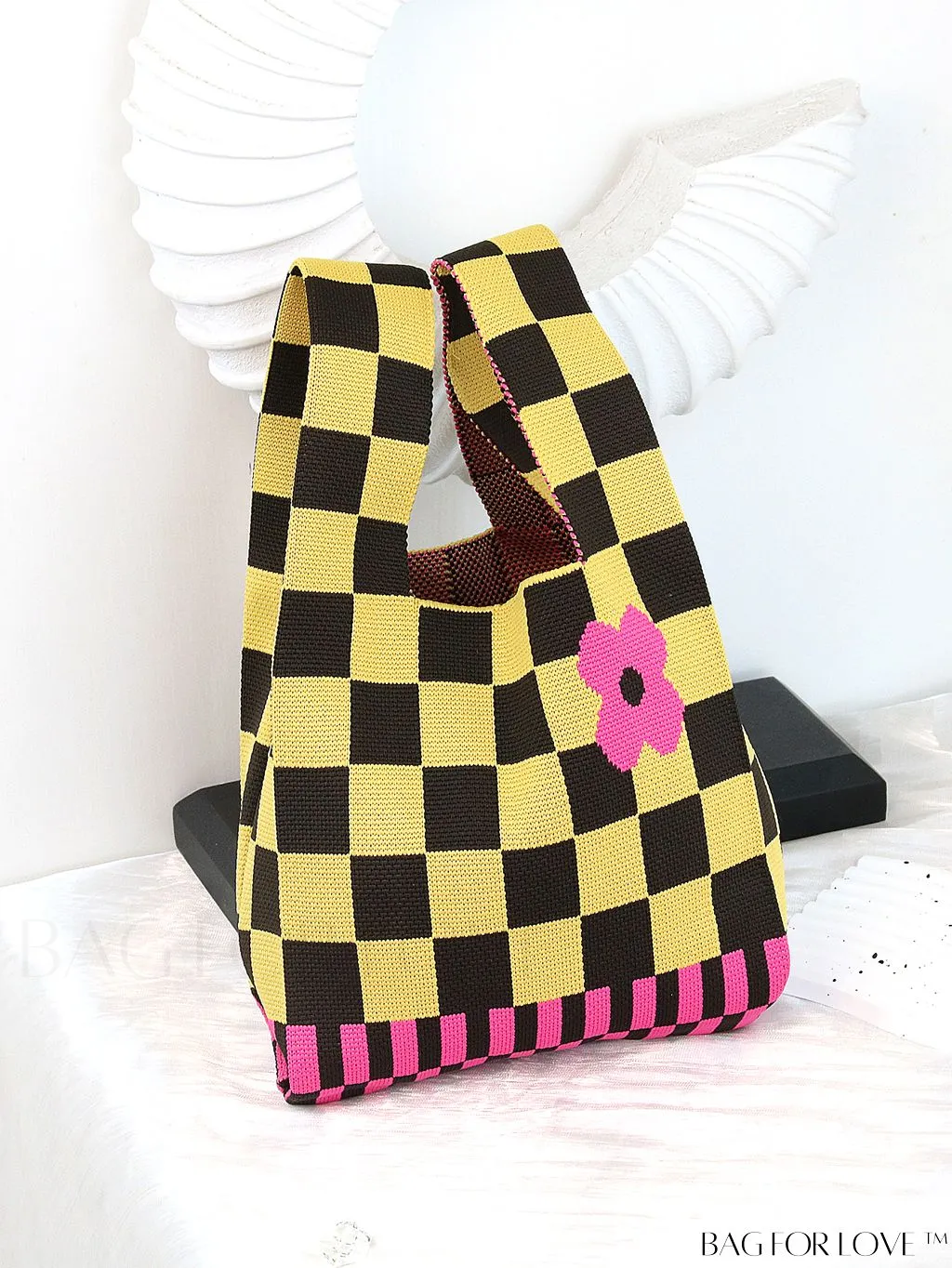 BagForLove - Chic Checkered & Floral Knit Womens Handbag - Spacious Shopping & Casual Tote