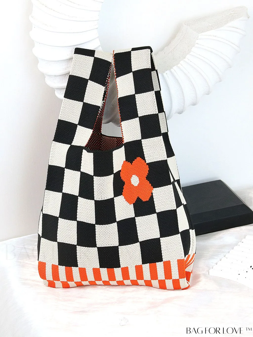 BagForLove - Chic Checkered & Floral Knit Womens Handbag - Spacious Shopping & Casual Tote