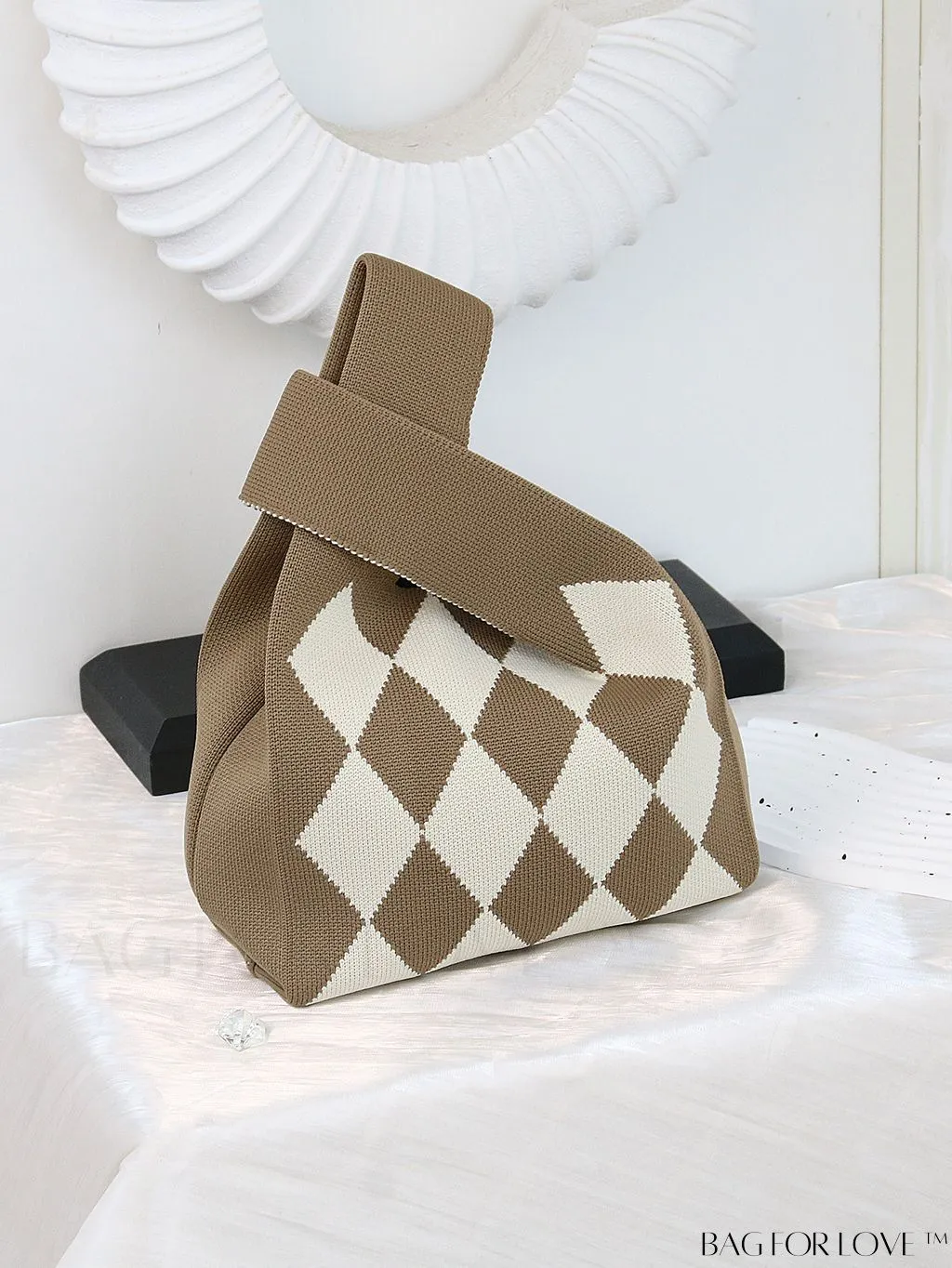 BagForLove - Chic Checkered & Floral Knit Womens Handbag - Spacious Shopping & Casual Tote