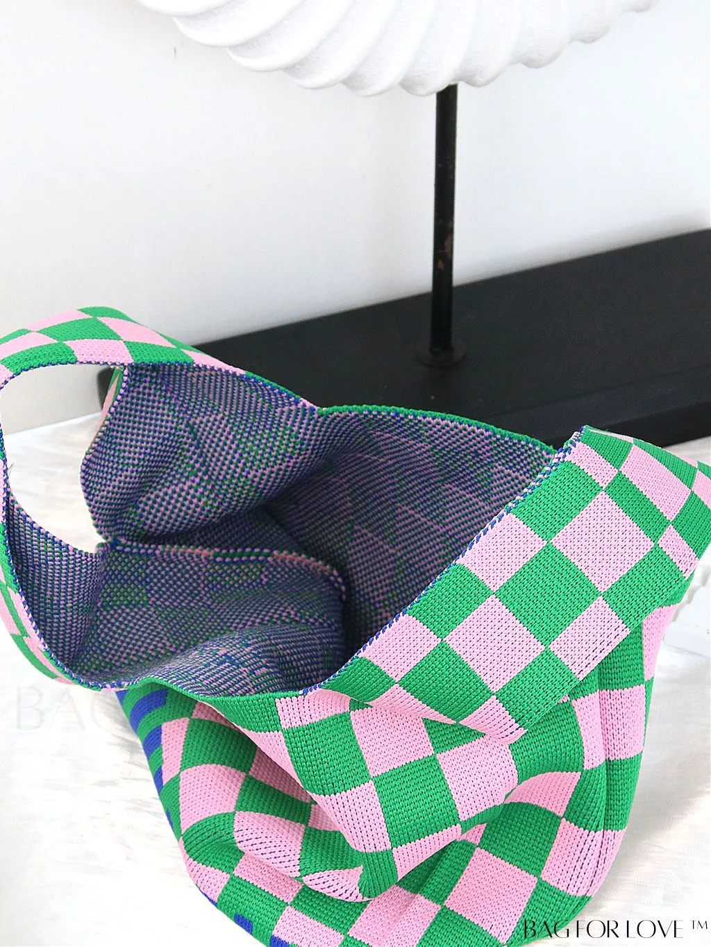 BagForLove - Chic Checkered & Floral Knit Womens Handbag - Spacious Shopping & Casual Tote