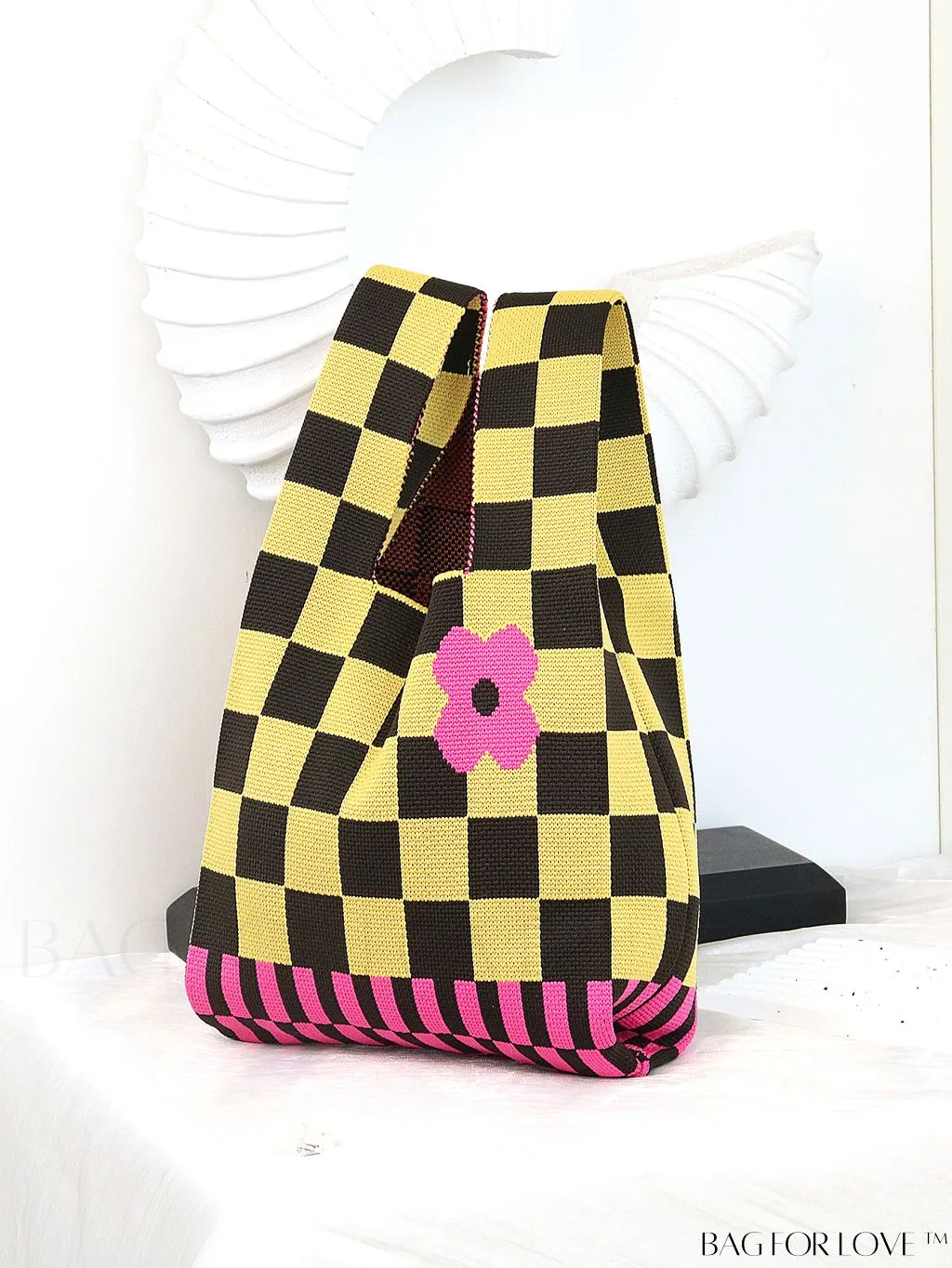 BagForLove - Chic Checkered & Floral Knit Womens Handbag - Spacious Shopping & Casual Tote
