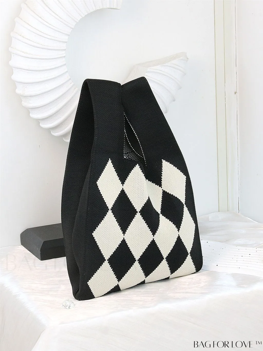 BagForLove - Chic Checkered & Floral Knit Womens Handbag - Spacious Shopping & Casual Tote