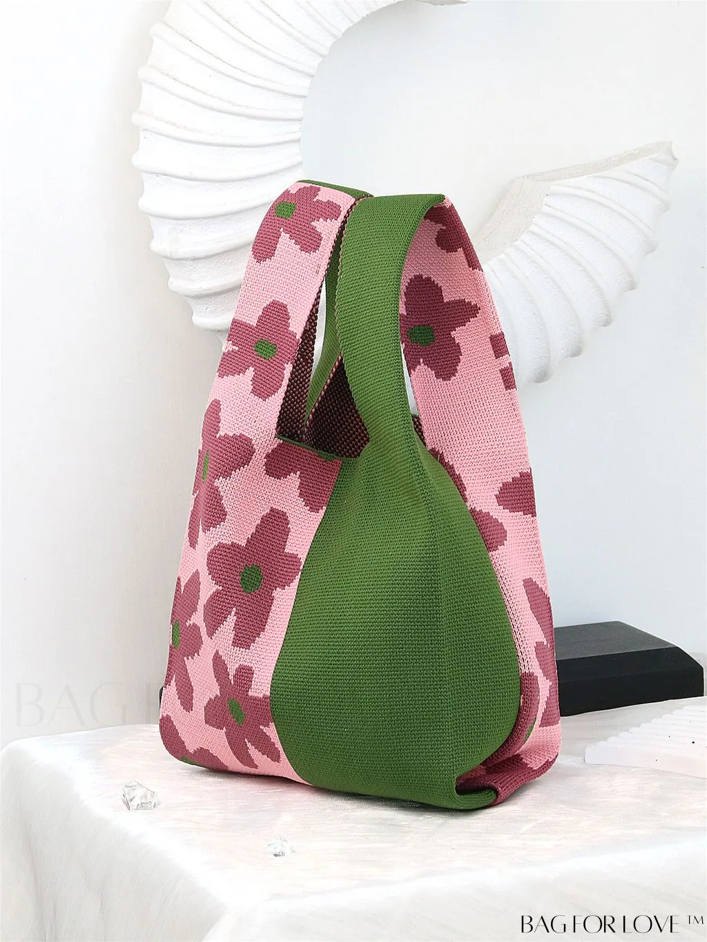 BagForLove - Chic Checkered & Floral Knit Womens Handbag - Spacious Shopping & Casual Tote