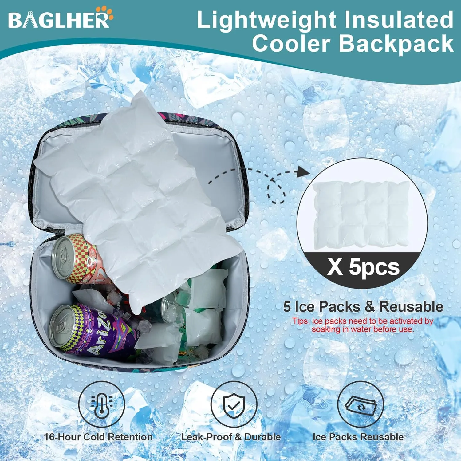 BAGLHER Lightweight Insulated Cooler Backpack - 30 Cans, Leak-Proof for Lunch, Picnic, Hiking, Camping Trips