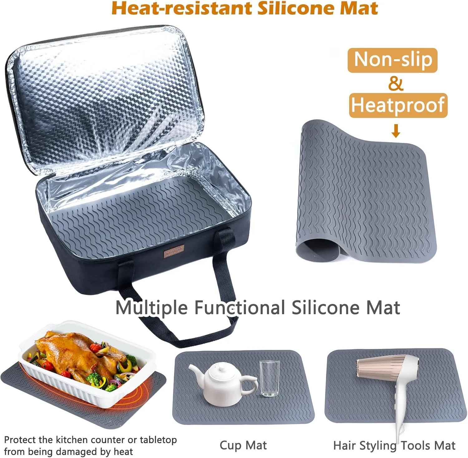 BAGSPRITE Insulated Casserole Carrier for Hot or Cold Food with Heat-resistant Mat, Casserole Dish Carrier Insulated Food Carrier, Hot Food Carrier, Foil Pan Carrier Fits 9" x 13" Baking Dish