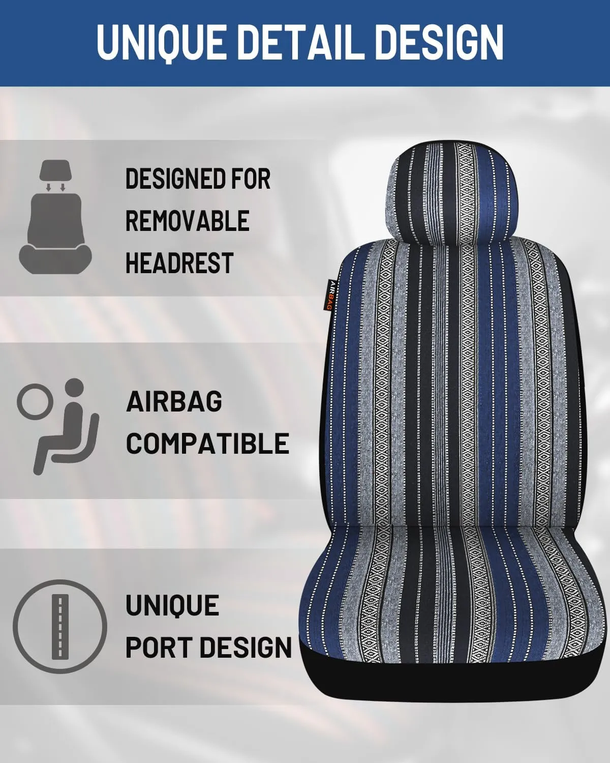 Baja Saddle Blanket Car Seat Covers Front Set, Washable Breathable Striped Woven Cloth Seat Covers for Cars, SUV, Truck,Airbag Compatible(Blue)