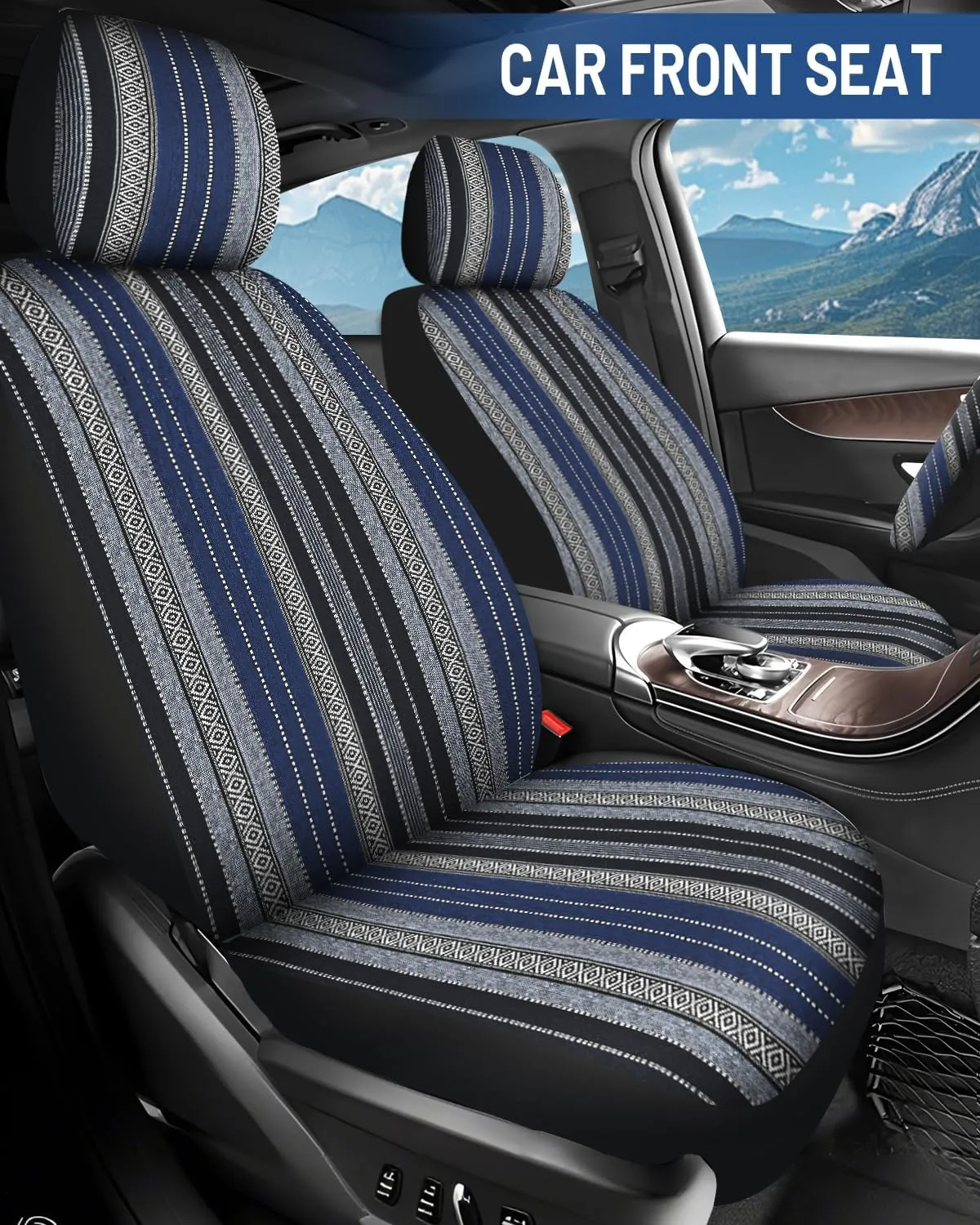 Baja Saddle Blanket Car Seat Covers Front Set, Washable Breathable Striped Woven Cloth Seat Covers for Cars, SUV, Truck,Airbag Compatible(Blue)