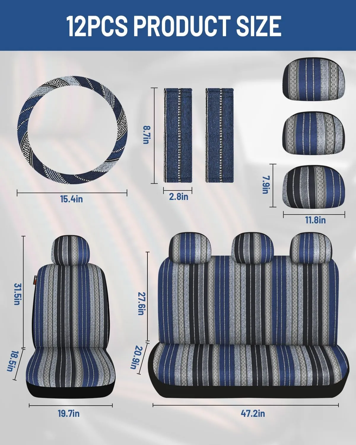 Baja Saddle Blanket Car Seat Covers Front Set, Washable Breathable Striped Woven Cloth Seat Covers for Cars, SUV, Truck,Airbag Compatible(Blue)
