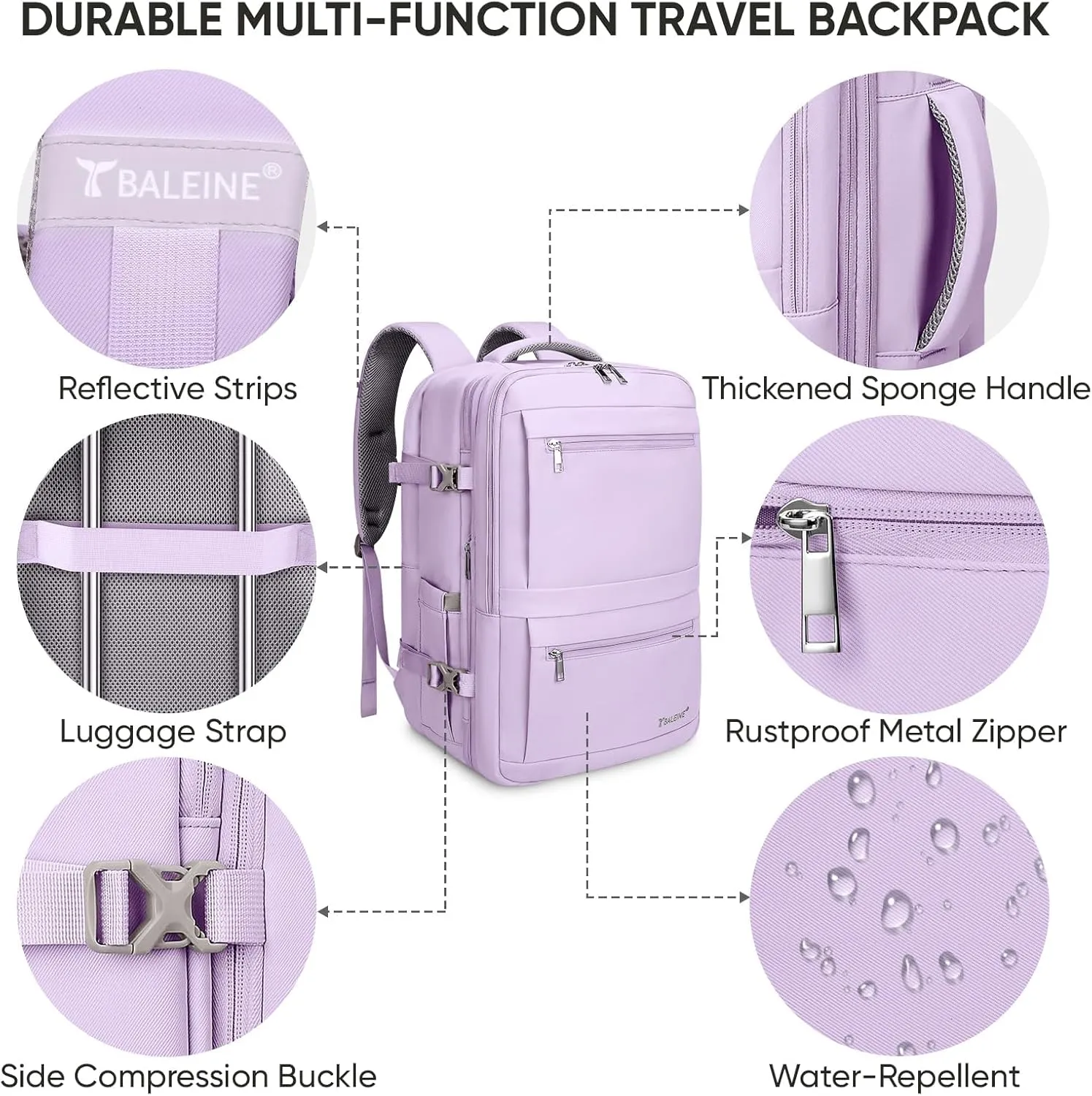 BALEINE Travel Backpack for Women Men, Large Sturdy Carry On Laptop Backpack Gifts for Business, Casual, Weekender, Hiking (XL, Lavender)